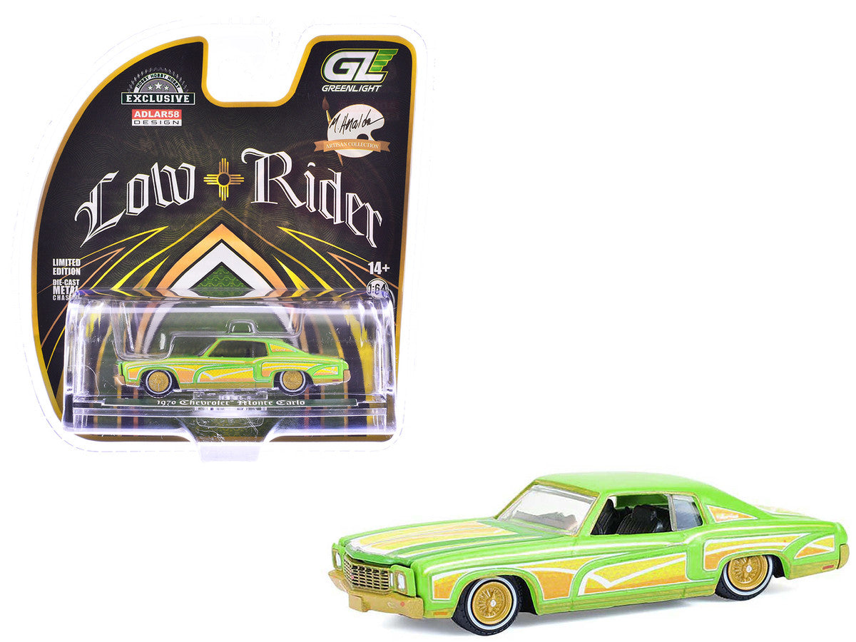 1970 Chevrolet Monte Carlo Lowrider "Michael Heralda Special Edition" Lime Green with Graphics "Hobby Exclusive" Series 1/64 Diecast Model Car by Greenlight by Greenlight