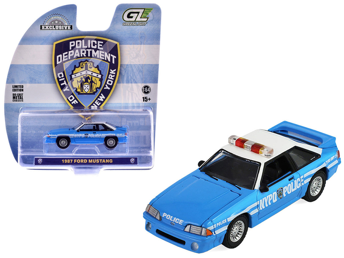 1987 Ford Mustang "New York City Police Department (NYPD)" Blue with White Top "Hobby Exclusive" Series 1/64 Diecast Model Car by Greenlight by Greenlight