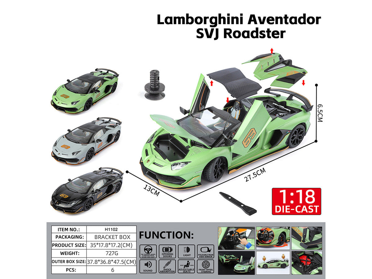 Lamborghini Aventador SVJ Roadster Green Metallic with Carbon Top and Gold Accents 1/18 Diecast Model Car by Heimanba by Heimanba