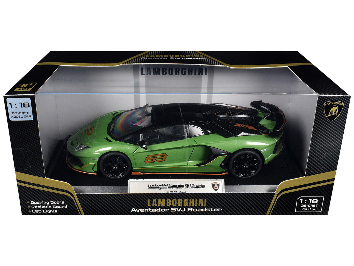 Lamborghini Aventador SVJ Roadster Green Metallic with Carbon Top and Gold Accents 1/18 Diecast Model Car by Heimanba by Heimanba