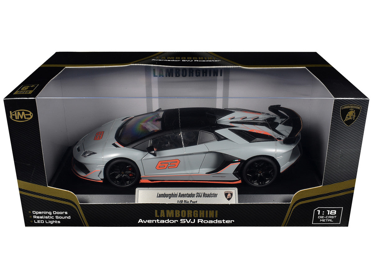 Lamborghini Aventador SVJ Roadster Matt Gray with Carbon Top and Orange Accents 1/18 Diecast Model Car by Heimanba by Heimanba