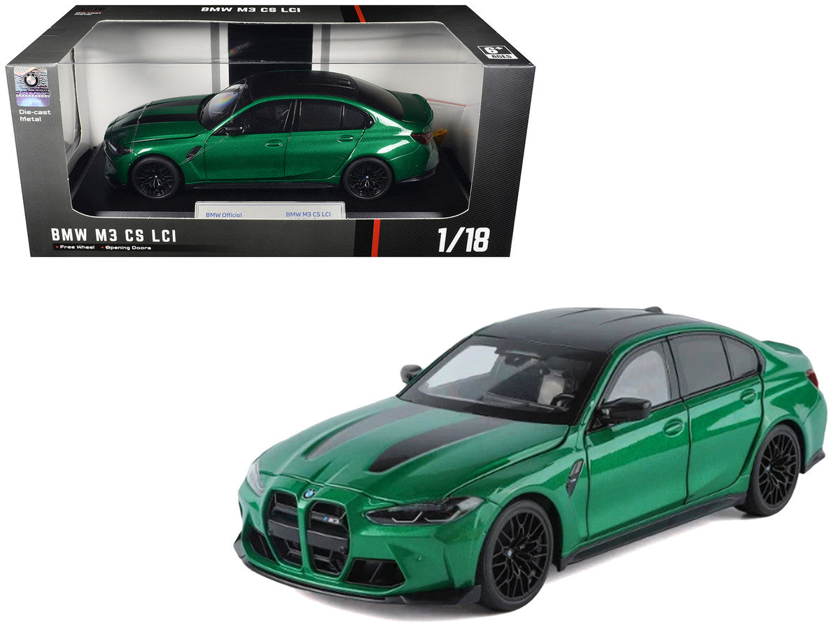 BMW M3 CS LCI Green Metallic with Matt Black Top and Hood Stripes 1/18 Diecast Model Car by Heimanba by Heimanba