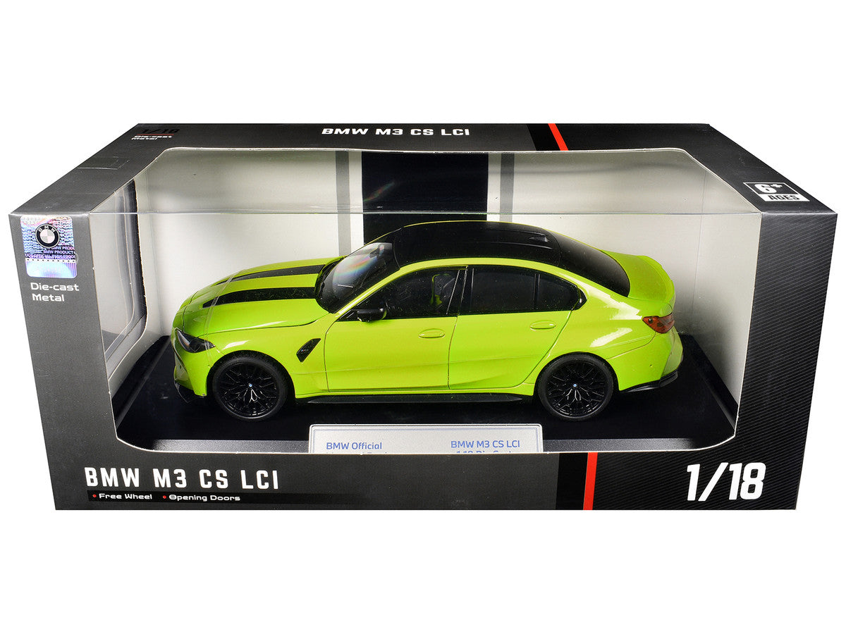 BMW M3 CS LCI Lime Green Metallic with Matt Black Top and Hood Stripes 1/18 Diecast Model Car by Heimanba by Heimanba