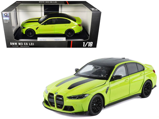 BMW M3 CS LCI Lime Green Metallic with Matt Black Top and Hood Stripes 1/18 Diecast Model Car by Heimanba by Heimanba