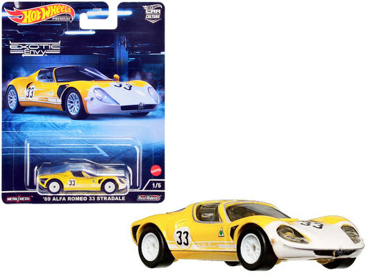 1969 Alfa Romeo 33 Stradale #33 Yellow and White "Exotic Envy" Series Diecast Model Car by Hot Wheels by Hotwheels