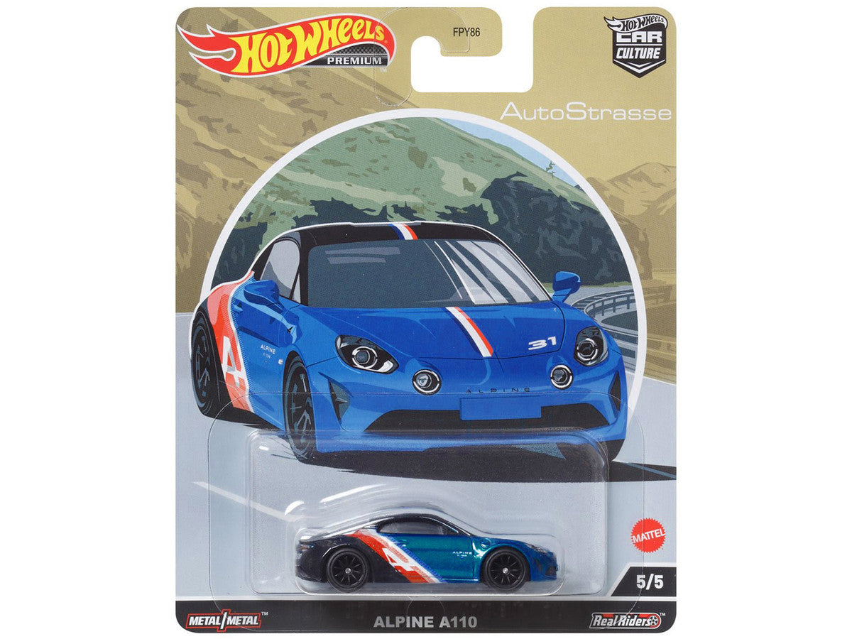 Alpine A110 Blue Metallic and Black with Graphics "Auto Strasse" Series Diecast Model Car by Hot Wheels by Hotwheels