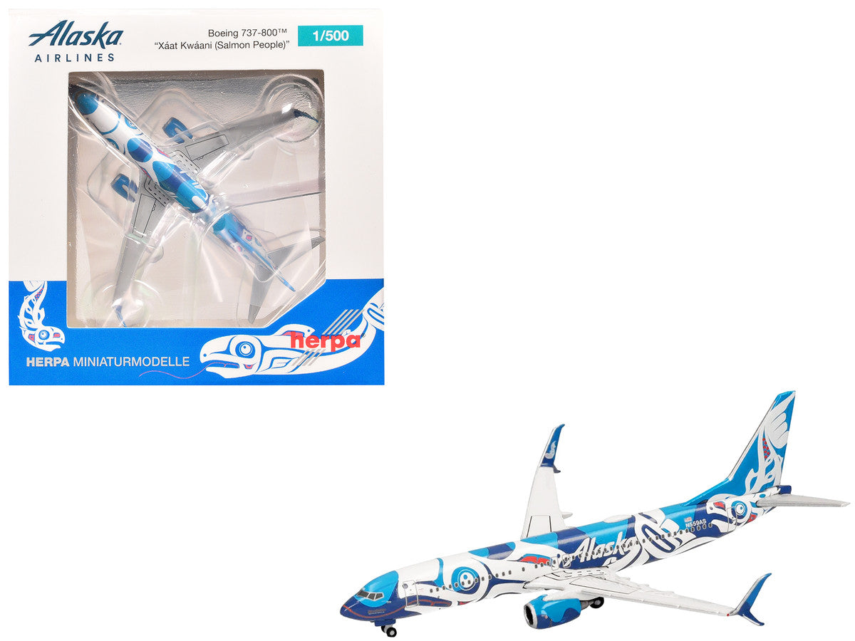 Boeing 737-800 Commercial Aircraft "Alaska Airlines - Salmon People Livery" (N559AS) Blue and White 1/500 Diecast Model Airplane by Herpa by Herpa