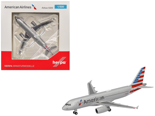 Airbus A320 Commercial Aircraft "American Airlines" (N680AW) Silver with Blue and Red Tail 1/500 Diecast Model Airplane by Herpa by Herpa