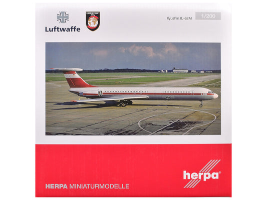 Ilyushin IL-62M Commercial Aircraft "German Luftwaffe" (11+22) White with Red Stripes 1/200 Diecast Model Airplane by Herpa by GeminiJets