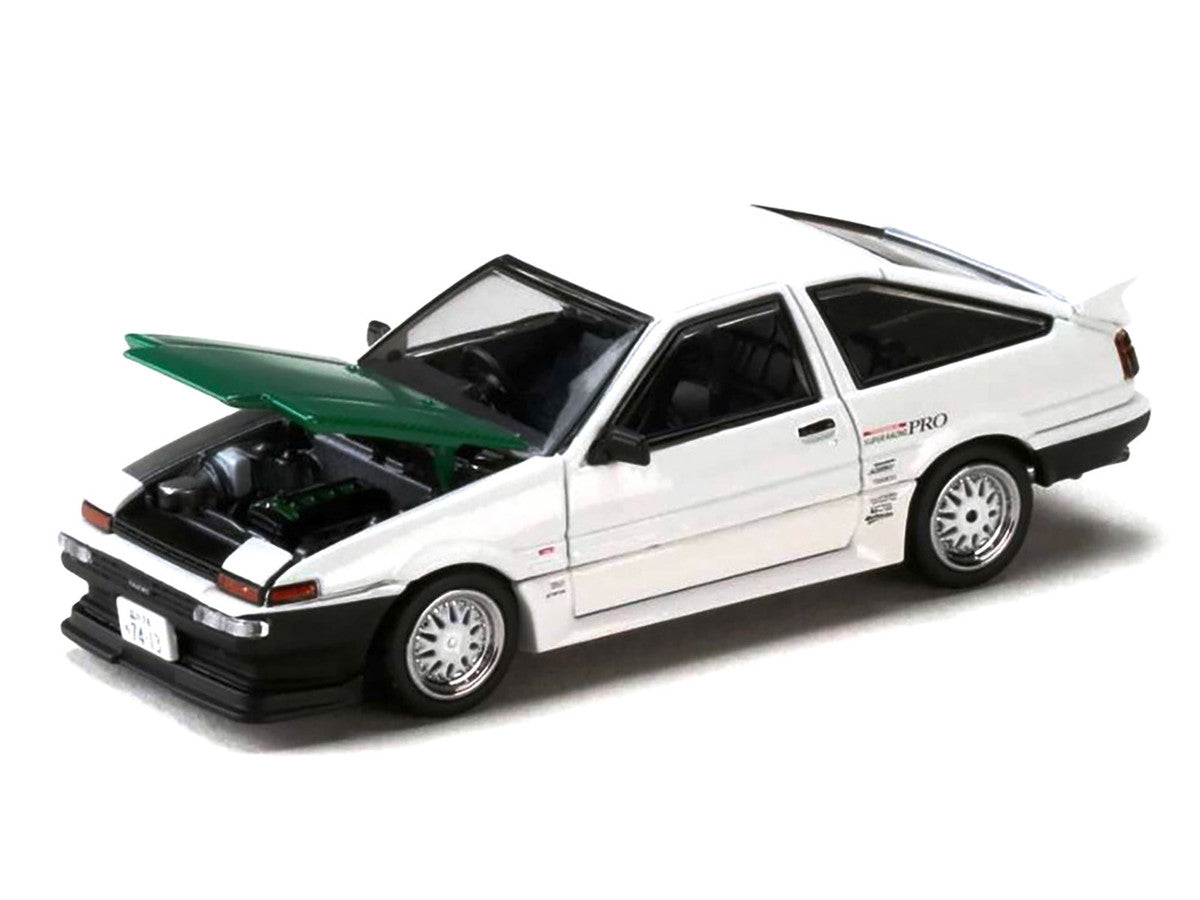 Toyota Sprinter Trueno (AE86) RHD (Right Hand Drive) "Keiichi Tsuchiya - Dori Dori Mesh Wheels" White with Green Carbon Hood 1/64 Diecast Model Car by Hobby Japan by Hobby Japan