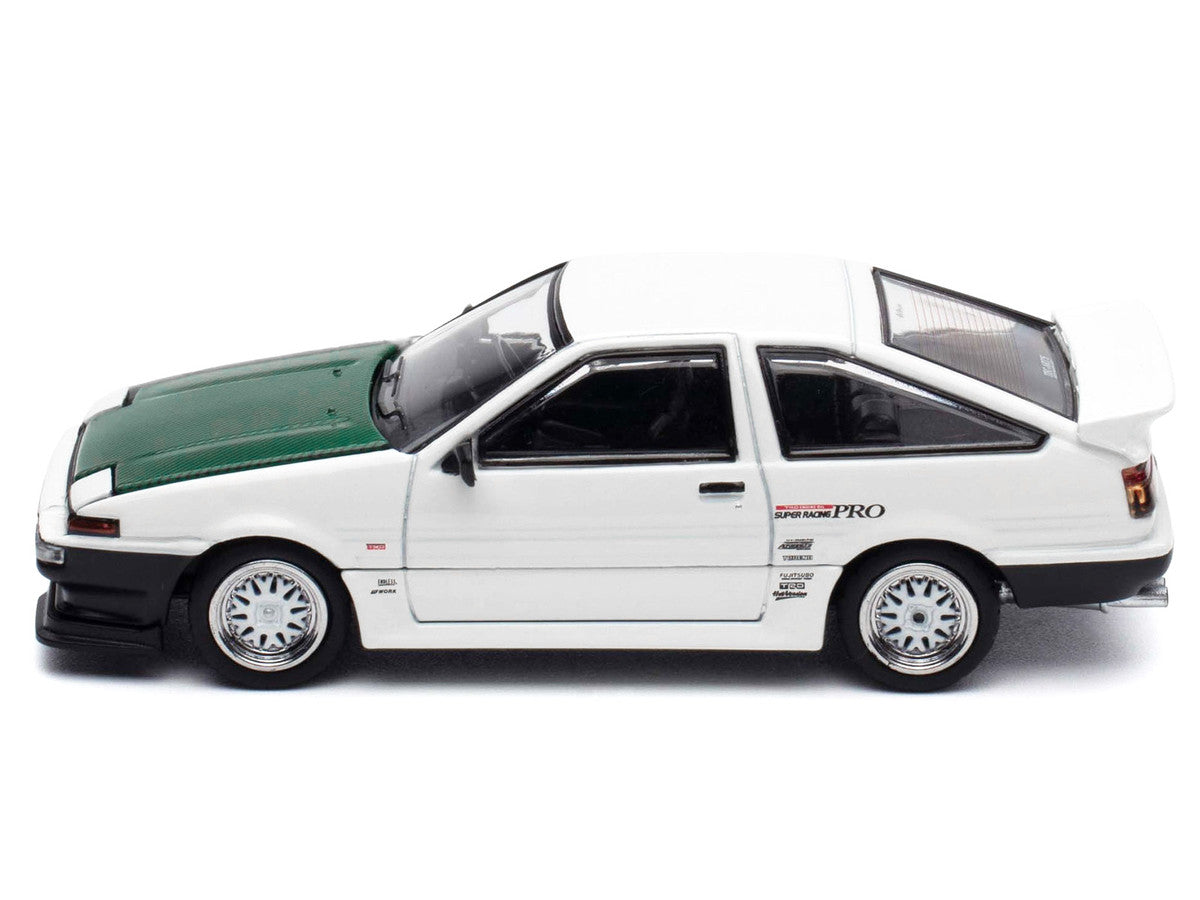 Toyota Sprinter Trueno (AE86) RHD (Right Hand Drive) "Keiichi Tsuchiya - Dori Dori Mesh Wheels" White with Green Carbon Hood 1/64 Diecast Model Car by Hobby Japan by Hobby Japan