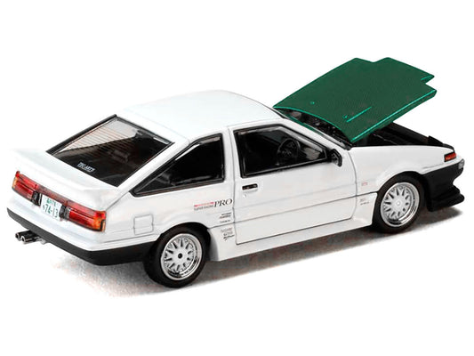 Toyota Sprinter Trueno (AE86) RHD (Right Hand Drive) "Keiichi Tsuchiya - Dori Dori Mesh Wheels" White with Green Carbon Hood 1/64 Diecast Model Car by Hobby Japan by Hobby Japan