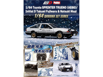 Toyota Sprinter Trueno (AE86) RHD (Right Hand Drive) White with Black Stripes "Takumi Fujiwara & Natsuki Mogi - Initial D" (1995-2013) Manga "Diorama Set Series" 1/64 Diecast Model Car by Hobby Japan by Hobby Japan