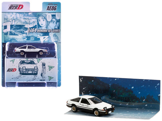 Toyota Sprinter Trueno (AE86) RHD (Right Hand Drive) White with Black Stripes "Takumi Fujiwara & Natsuki Mogi - Initial D" (1995-2013) Manga "Diorama Set Series" 1/64 Diecast Model Car by Hobby Japan by Hobby Japan