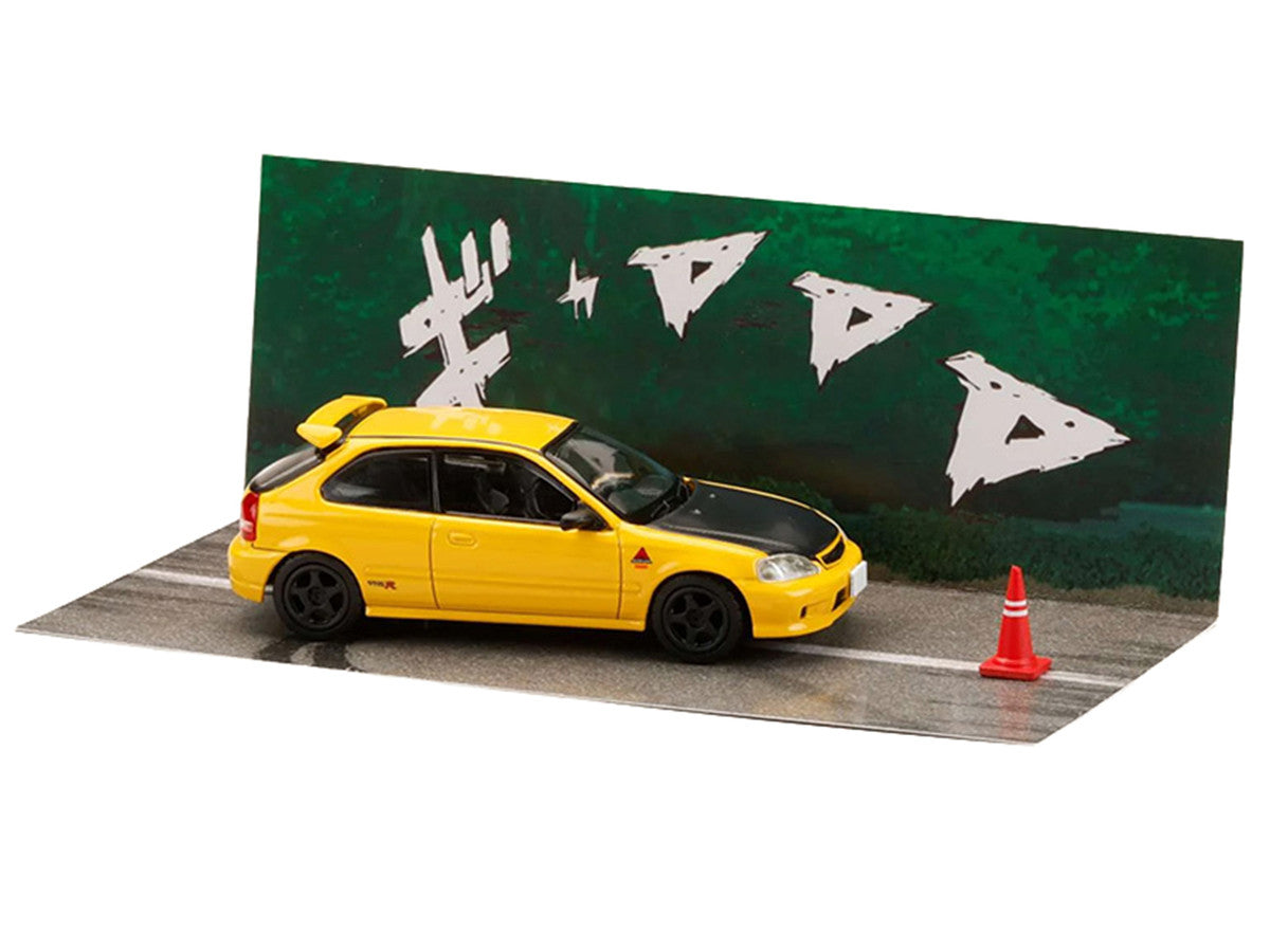 Honda Civic (EK9) RHD (Right Hand Drive) Yellow with Carbon Hood "Initial D" (1995-2013) Manga "Diorama Set Series" 1/64 Diecast Model car by Hobby Japan by Hobby Japan