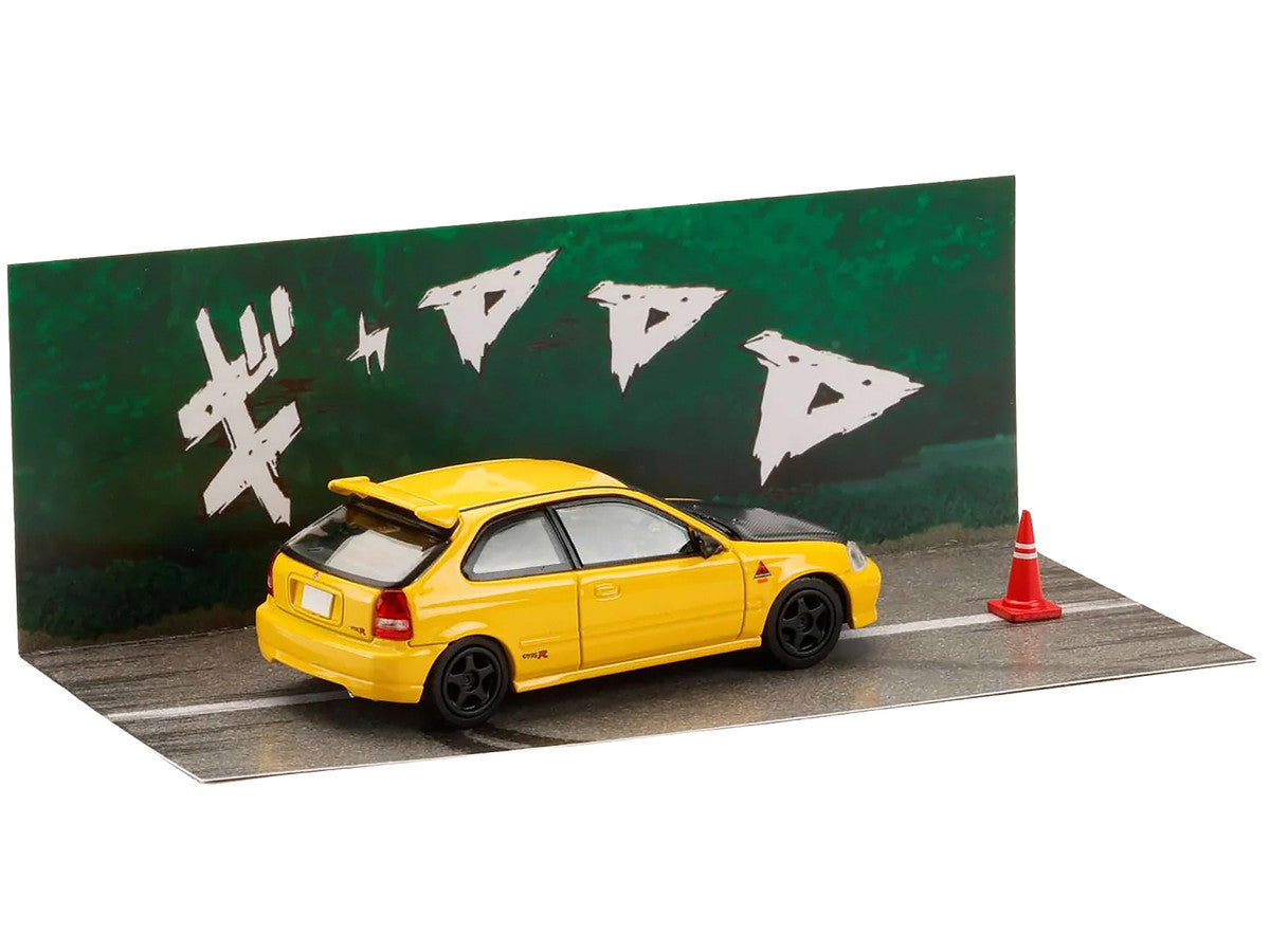 Honda Civic (EK9) RHD (Right Hand Drive) Yellow with Carbon Hood "Initial D" (1995-2013) Manga "Diorama Set Series" 1/64 Diecast Model car by Hobby Japan by Hobby Japan