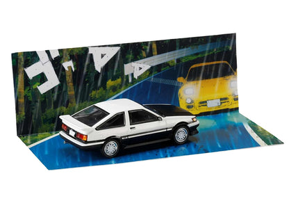 Toyota Corolla Levin (AE86) RHD (Right Hand Drive) White with Carbon Hood "Initial D" (1995-2013) Manga "Diorama Set Series" 1/64 Diecast Model Car by Hobby Japan by Hobby Japan