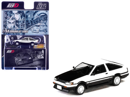 Toyota Corolla Levin (AE86) RHD (Right Hand Drive) White with Carbon Hood "Initial D" (1995-2013) Manga "Diorama Set Series" 1/64 Diecast Model Car by Hobby Japan by Hobby Japan