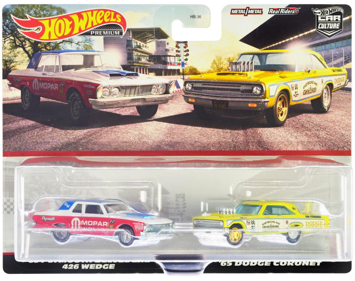 1963 Plymouth Belvedere 426 Wedge "MOPAR" White and Red with Blue Top and 1965 Dodge Coronet "Eastbound and Crowned" Yellow and White "Car Culture" Set of 2 Cars Diecast Model Cars by Hot Wheels by Hotwheels