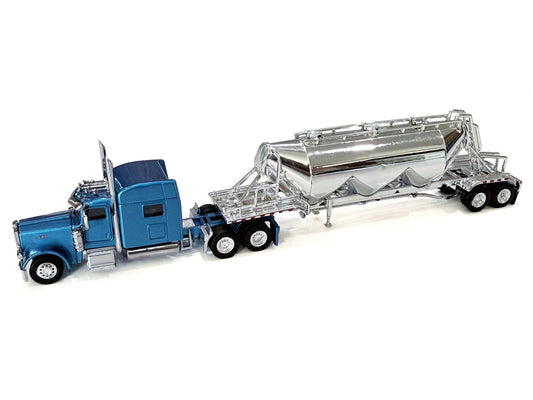 Peterbilt 389 Truck Tractor with Sleeper Cab Blue Metallic and Pneumatic Tank Trailer Chrome Combo Set 1/87 (HO) Plastic Model Car by HO Logistics by HO Logistics Replicas