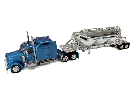 Kenworth W900L Truck Tractor with Sleeper Cab Blue Metallic and Pneumatic Tank Trailer Combo Set 1/87(HO) Plastic Model Car by HO Logistics by HO Logistics Replicas