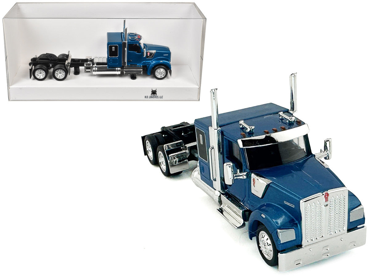Kenworth W990 with Flat Top Sleeper Cab Blue Metallic 1/87 (HO) Plastic Model Car by HO Logistics by HO Logistics Replicas