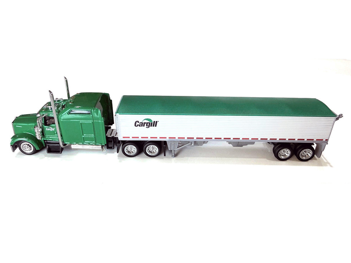 Kenworth W900L Truck Tractor with Sleeper Cab "Cargill" Green and Covered Grain Trailer White with Green Tarp Combo Set 1/87 (HO) Plastic Model Car by HO Logistics by HO Logistics Replicas