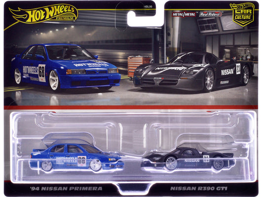 1994 Nissan Primera RHD (Right Hand Drive) #68 Blue and Nissan R390 GT1 #23 Matt Black "Car Culture" Set of 2 Cars Diecast Model Cars by Hot Wheels by Hotwheels