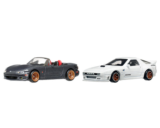 Mazda Mazdaspeed Miata Gray Metallic and Mazda RX7 FC Pandem White "Car Culture" Set of 2 Cars Diecast Model Cars by Hot Wheels by Hotwheels