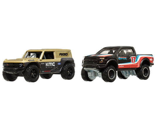 Ford Bronco R Gold Metallic and Black and 2017 Ford F-150 Raptor Pickup Truck #17 Black with Stripes "Car Culture" Set of 2 Cars Diecast Model Cars by Hot Wheels by Hotwheels