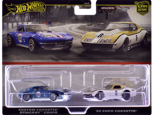 Chevrolet Custom Corvette Stingray Coupe #65 Blue Metallic with White Stripes and 1969 Chevrolet COPO Corvette #6 Gold Metallic and White "Car Culture" Set of 2 Cars Diecast Model Cars by Hot Wheels by Hotwheels