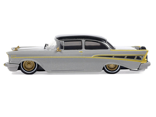 1957 Chevrolet Bel Air Lowrider Gray with Black Top and Gold Accents 1/64 Diecast Model Car by IXO Models by IXO