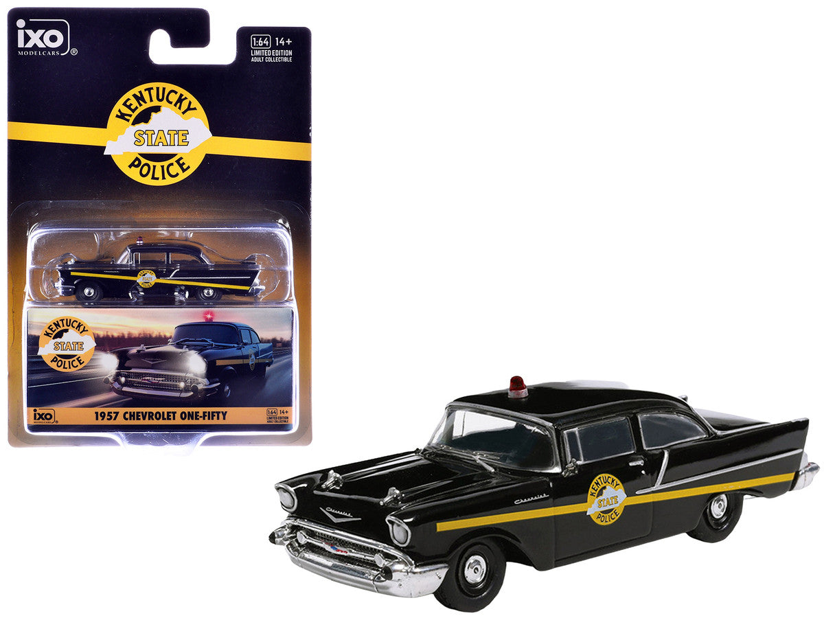 1957 Chevrolet One-Fifty Police Car "Kentucky State Police" Black with Yellow Stripes 1/64 Diecast Model Car by IXO Models by IXO