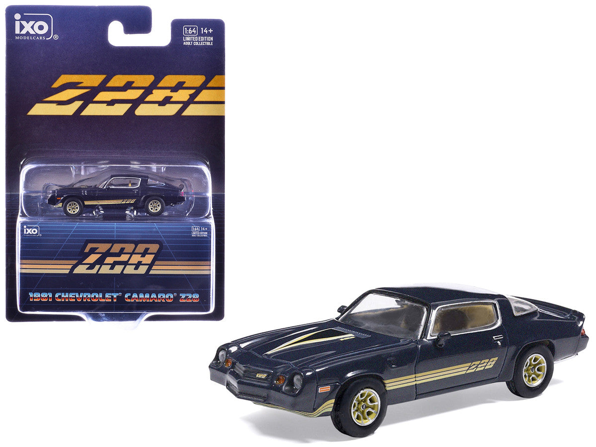 1981 Chevrolet Camaro Z28 Dark Blue Metallic with Gold Stripes and Interior 1/64 Diecast Model Car by IXO Models by IXO