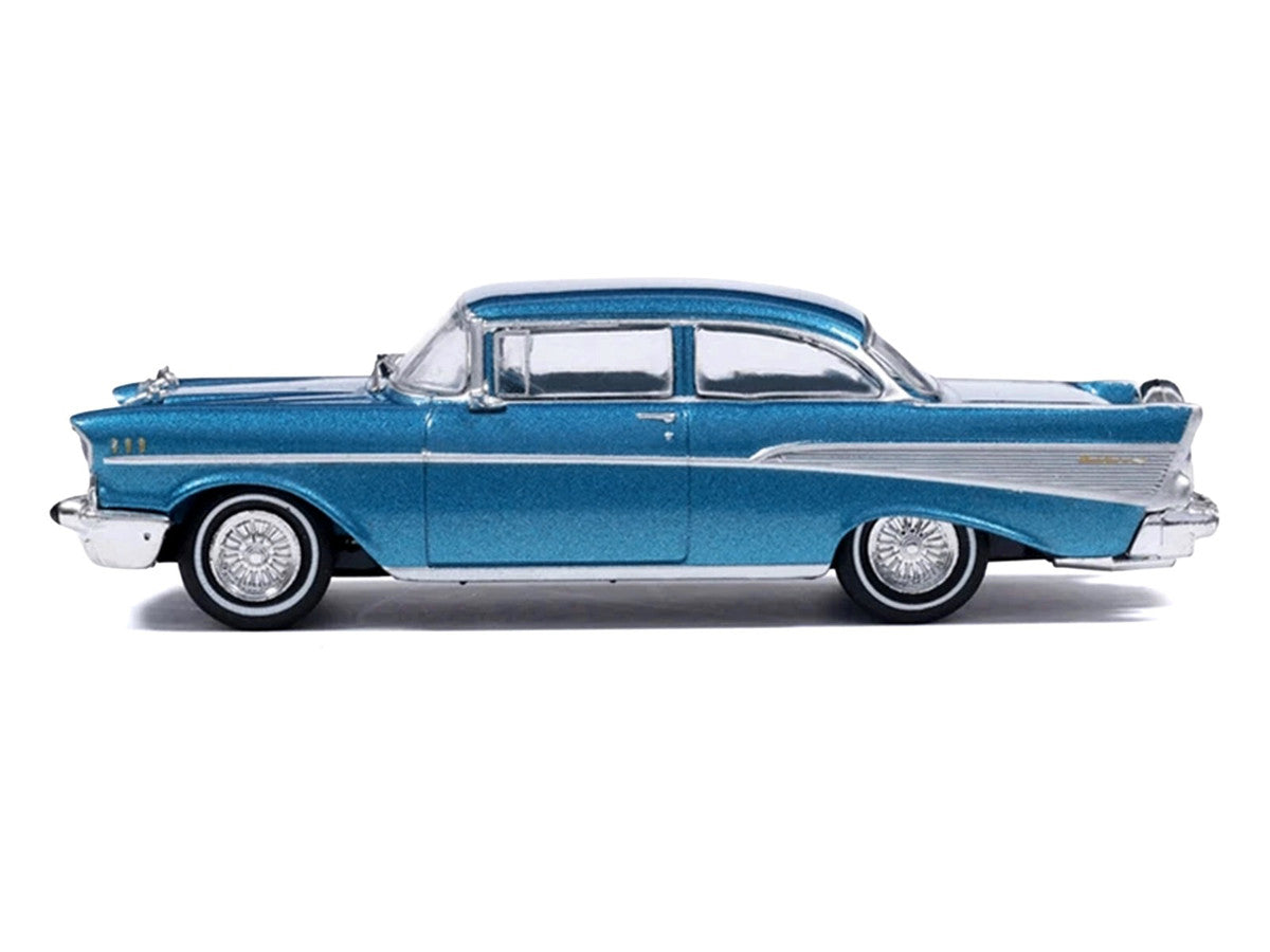1957 Chevrolet Bel Air Sedan Harbor Blue Metallic with Blue Interior 1/64 Diecast Model Car by IXO Models-1