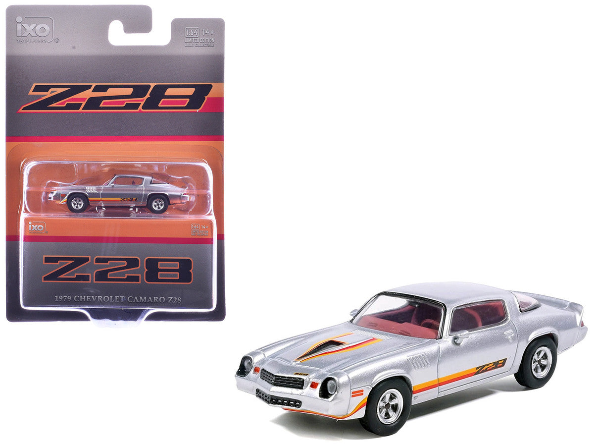 1979 Chevrolet Camaro Z28 Silver Metallic with Stripes and Red Interior 1/64 Diecast Model Car by IXO Models-0