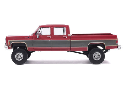 1977 GMC Sierra Grande K2500 Wideside Crew Cab Pickup Truck Dark Red Metallic with Gray Side Stripes 1/64 Diecast Model Car by IXO Models-1