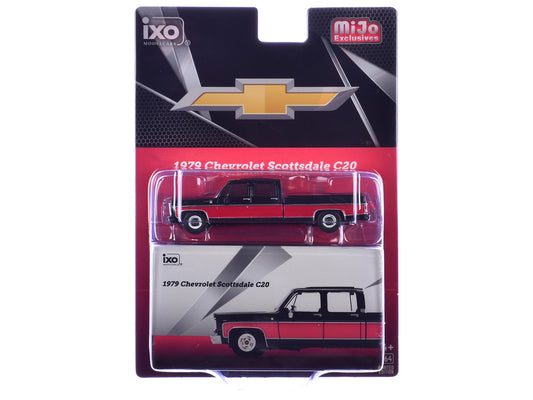 1979 Chevrolet Scottsdale C20 Crew Cab Pickup Truck Black with Red Side Stripes Limited Edition 1/64 Diecast Model Car by IXO Models by IXO