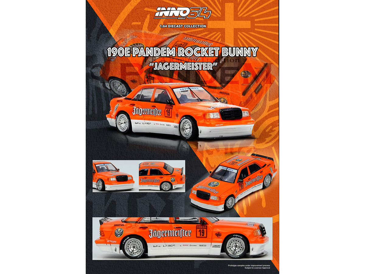 Pandem Rocket Bunny 190E #19 "Jagermeister" Orange and White 1/64 Diecast Model Car by Inno Models by Inno Models