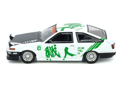 Toyota Sprinter Trueno (AE86) RHD (Right Hand Drive) #15 "Keiichi Tsuchiya" White with Green Graphics 1/64 Diecast Model Car by Inno Models by Inno Models