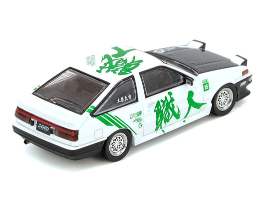 Toyota Sprinter Trueno (AE86) RHD (Right Hand Drive) #15 "Keiichi Tsuchiya" White with Green Graphics 1/64 Diecast Model Car by Inno Models by Inno Models