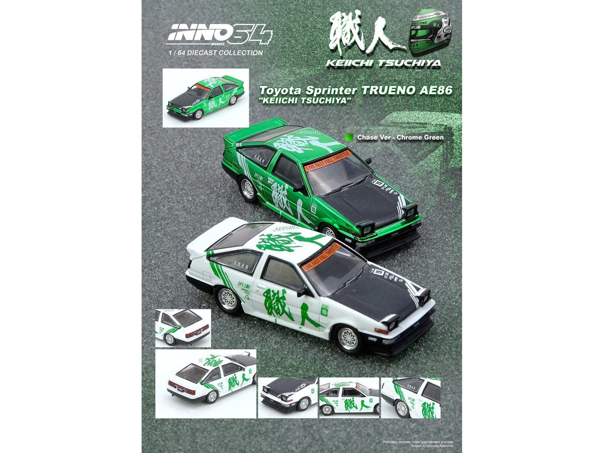 Toyota Sprinter Trueno (AE86) RHD (Right Hand Drive) #15 "Keiichi Tsuchiya" White with Green Graphics 1/64 Diecast Model Car by Inno Models by Inno Models