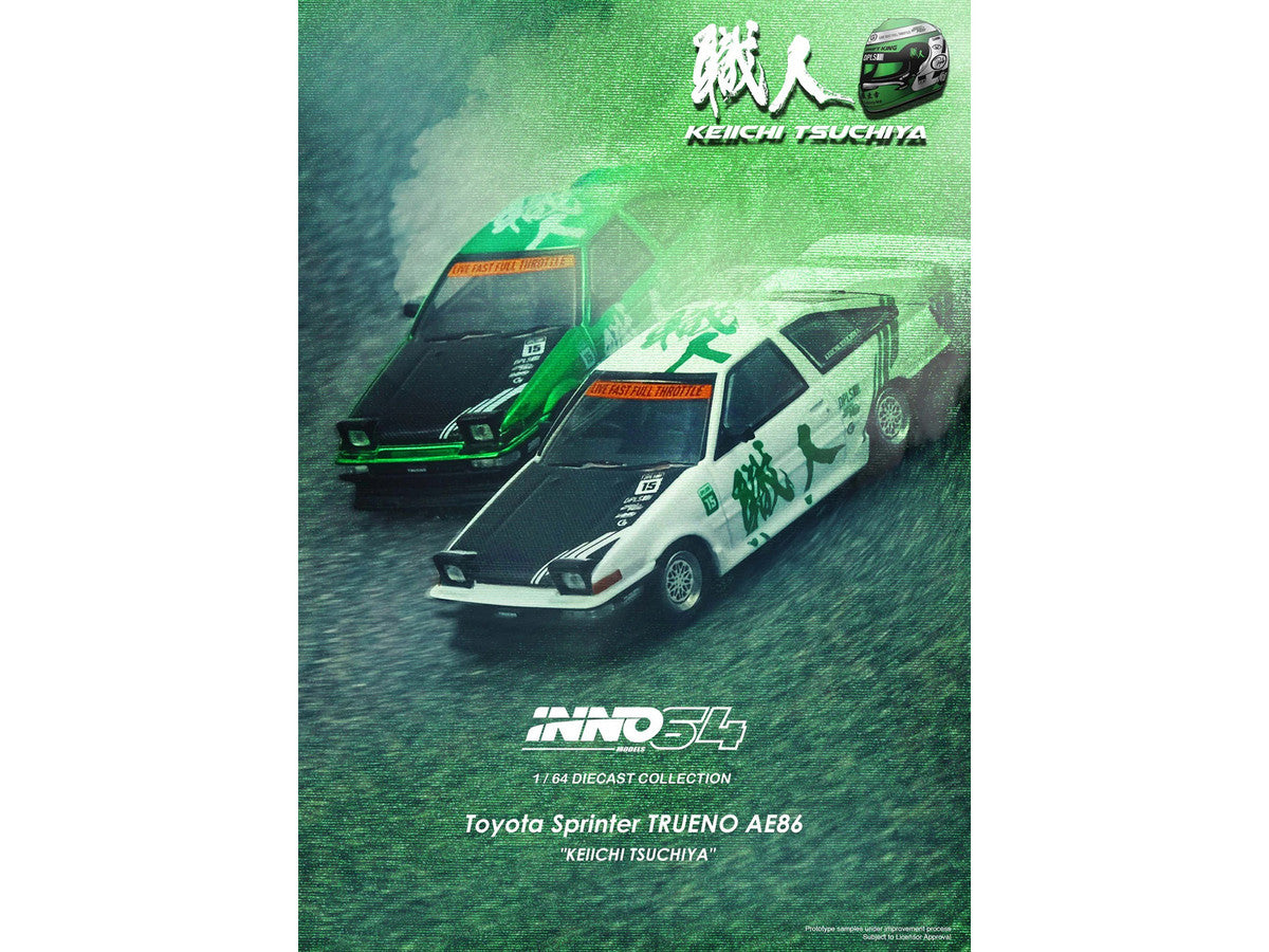 Toyota Sprinter Trueno (AE86) RHD (Right Hand Drive) #15 "Keiichi Tsuchiya" White with Green Graphics 1/64 Diecast Model Car by Inno Models by Inno Models