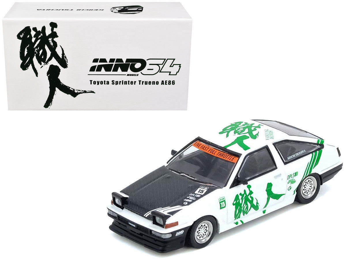 Toyota Sprinter Trueno (AE86) RHD (Right Hand Drive) #15 "Keiichi Tsuchiya" White with Green Graphics 1/64 Diecast Model Car by Inno Models by Inno Models
