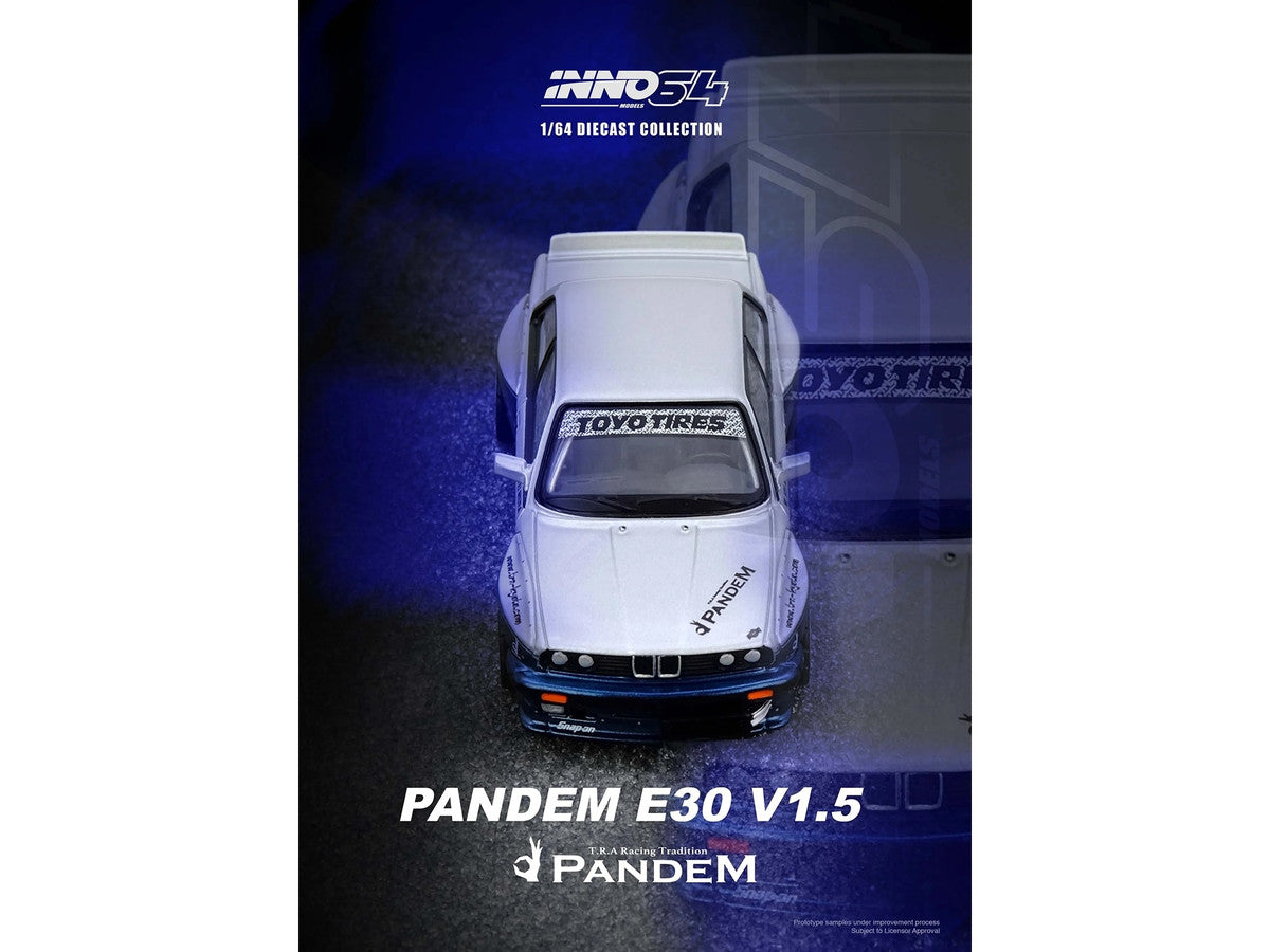 Pandem E30 M3 Silver Metallic and Dark Blue 1/64 Diecast Model Car by Inno Models by Inno Models