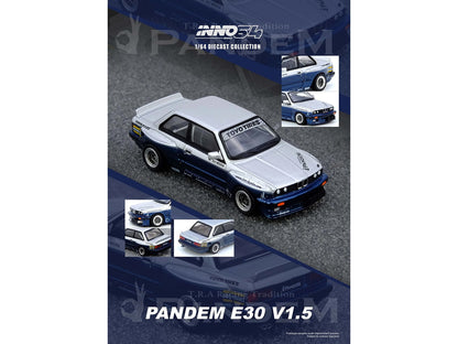 Pandem E30 M3 Silver Metallic and Dark Blue 1/64 Diecast Model Car by Inno Models by Inno Models