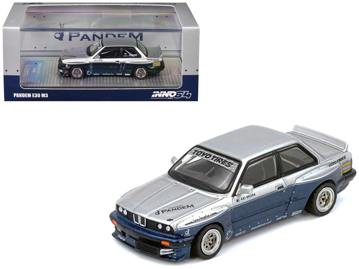 Pandem E30 M3 Silver Metallic and Dark Blue 1/64 Diecast Model Car by Inno Models by Inno Models