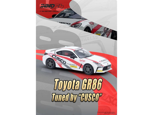 Toyota GR86 Tuned by "CUSCO" RHD (Right Hand Drive) White with Red and Gray Stripes 1/64 Diecast Model Car by Inno Models by Inno Models