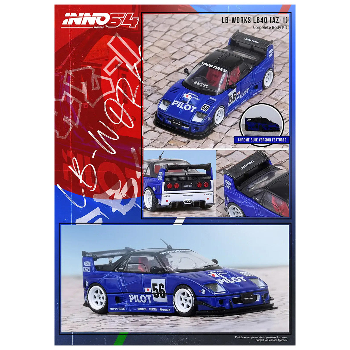 Mazda AZ-1 Liberty Walk LB40 RHD (Right Hand Drive) #56 "Pilot" Blue with Black Top 1/64 Diecast Model Car by Inno Models by Inno Models