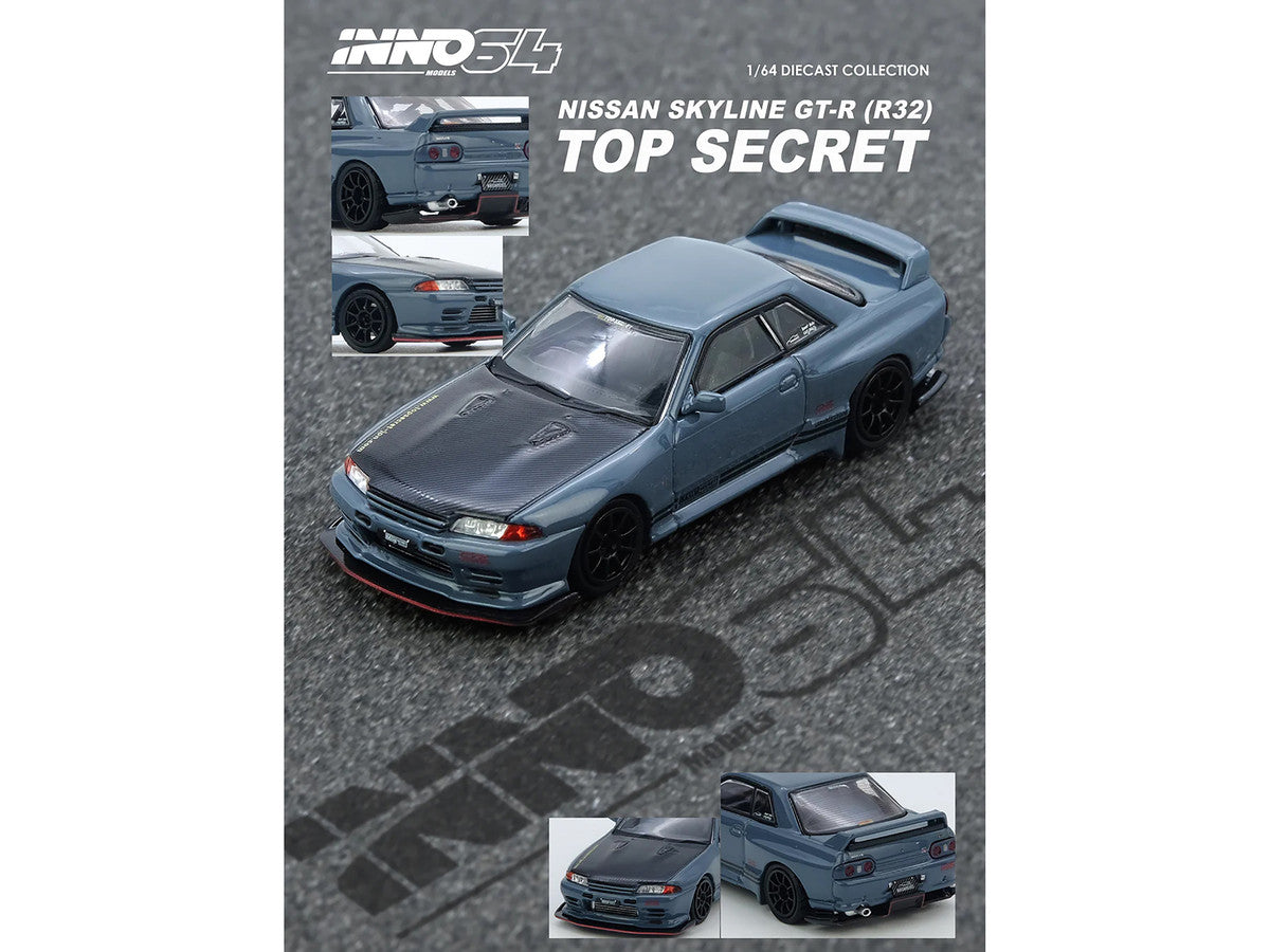 Nissan Skyline "Top Secret" GT-R (R32) RHD (Right Hand Drive) Stealth Gray with Carbon Hood 1/64 Diecast Model Car by Inno Models by Inno Models